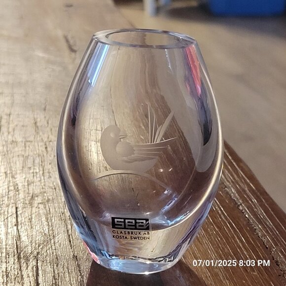 SEA Glasbruk Sweden Blomknyte Small Bud vase Kosta Boda Etched Bird - Picture 3 of 8